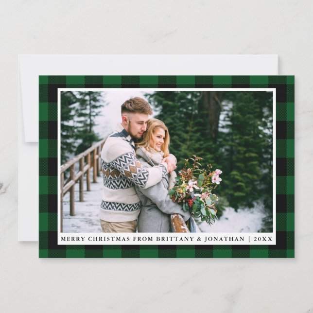 Merry Christmas Green Plaid Couple Photo Card (Front)