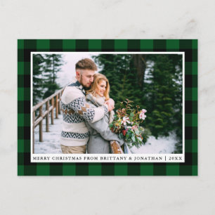 Merry Christmas Green Plaid Couple Photo Postcard