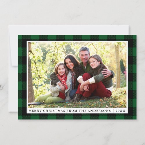 Merry Christmas Green Plaid Family Photo Card