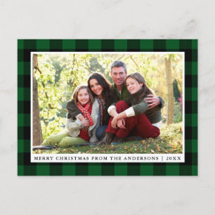 Merry Christmas Green Plaid Family Photo Postcard
