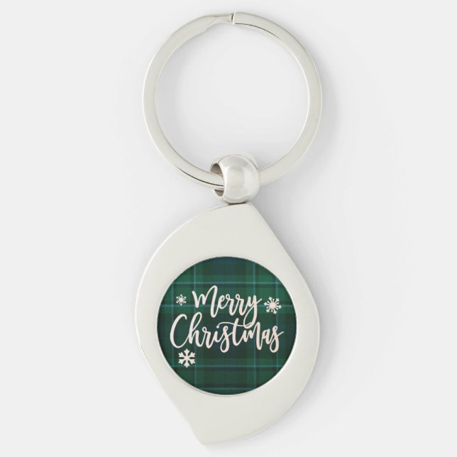 Merry Christmas Green Plaid Keychain (Front)