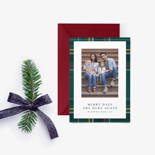 Merry Christmas green plaid one photo Holiday Card