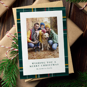 Merry Christmas green plaid one photo Holiday Card