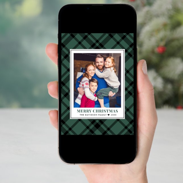 Merry Christmas Green Plaid Photo Frame Holiday Card (Front Digital)