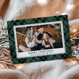 Merry Christmas Green Plaid Photo Frame Holiday Card