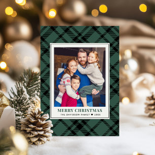 Merry Christmas Green Plaid Photo Frame Holiday Card