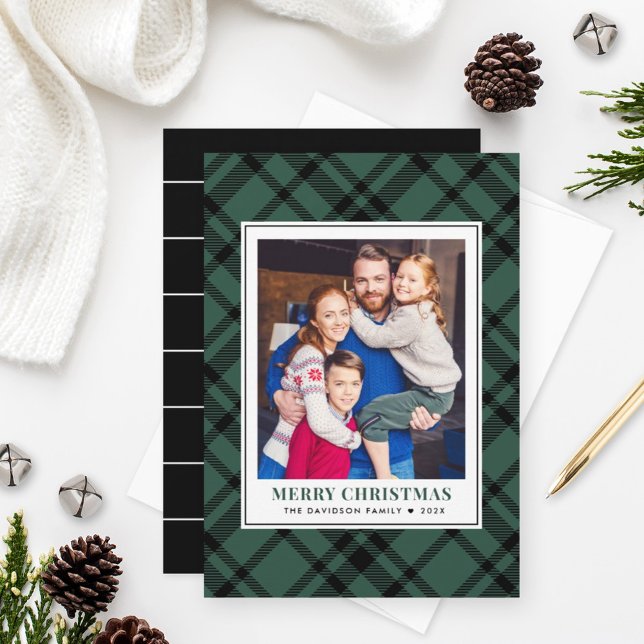 Merry Christmas Green Plaid Photo Frame Holiday Card (Creator Uploaded)