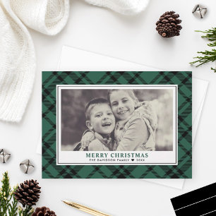 Merry Christmas Green Plaid Photo Frame Holiday Card