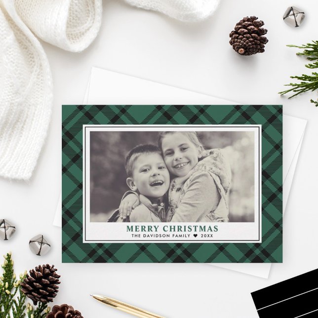 Merry Christmas Green Plaid Photo Frame Holiday Card (Creator Uploaded)