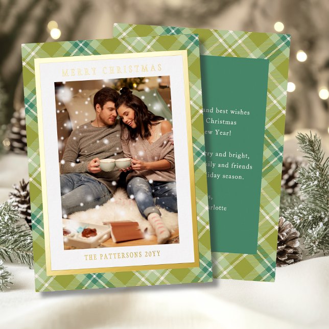 Merry Christmas Green Plaid Tartan Photo Foil Holiday Card (Creator Uploaded)