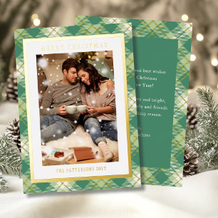 Merry Christmas Green Plaid Tartan Photo Foil Holiday Card