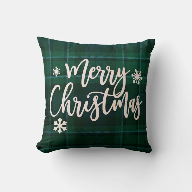 Merry Christmas Green Plaid Throw Pillow (Front)