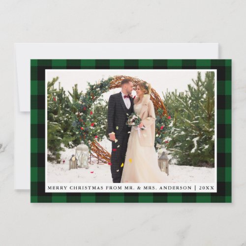 Merry Christmas Green Plaid Wedding Photo Card