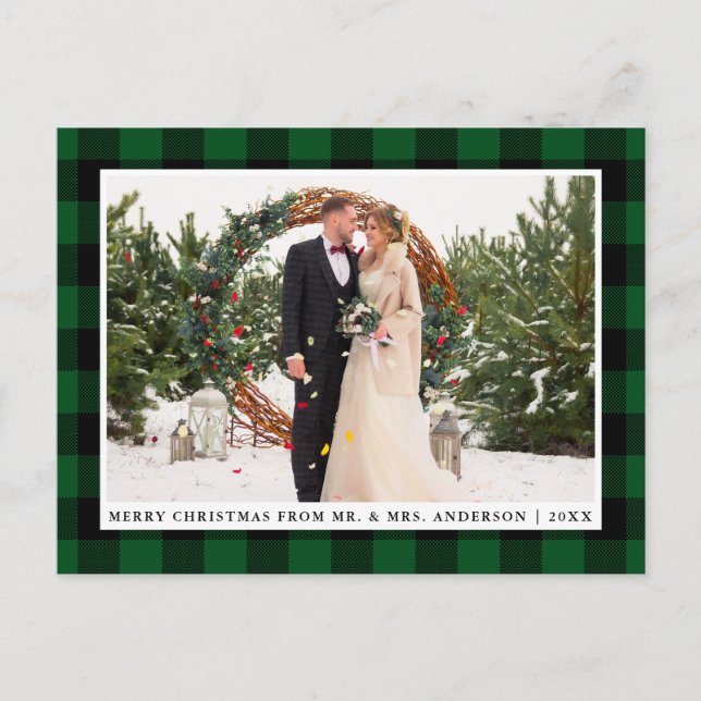 Merry Christmas Green Plaid Wedding Photo Postcard (Front)