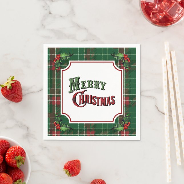 Merry Christmas Green Plaid with Holly Napkins (Insitu)