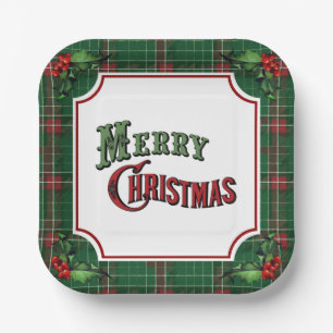 Merry Christmas Green Plaid with Holly Paper Plates