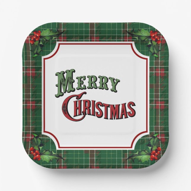 Merry Christmas Green Plaid with Holly Paper Plates (Front)
