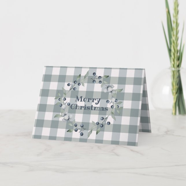 Merry Christmas Green Plaid Wreath Buffalo Check Card (Front)