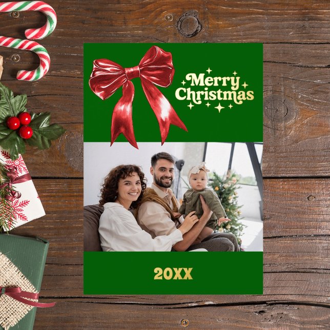 Merry Christmas green red bow retro photo gold Foil Holiday Card (Creator Uploaded)