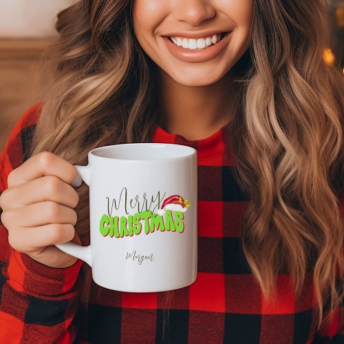Merry Christmas Green Red Festive Retro Add Name   Coffee Mug