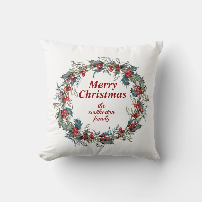 Merry Christmas Green Red Holly Berry Wreath Throw Pillow (Front)