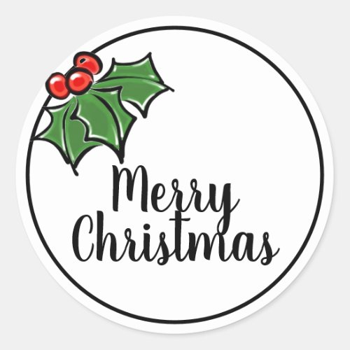 Merry Christmas green red Holly leaves Classic Round Sticker