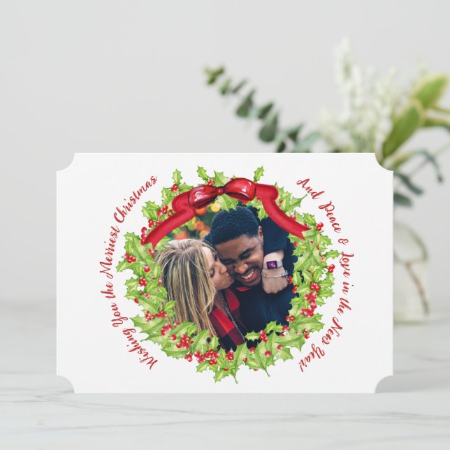 Merry Christmas Green & Red Holly Photo Wreath Holiday Card (Standing Front)