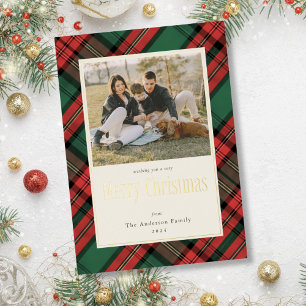Merry Christmas Green Red Plaid Family Photo Gold Foil Holiday Card