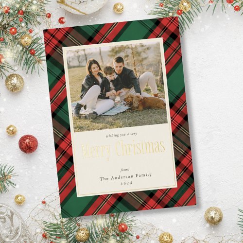 Merry Christmas Green Red Plaid Family Photo Gold Foil Holiday Card
