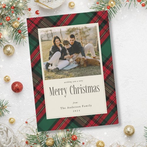 Merry Christmas Green Red Plaid Family Photo Holiday Card