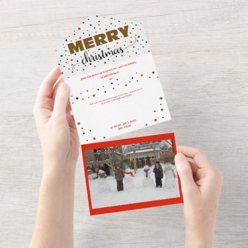 Merry Christmas Green Red Striped Stars Border All In One Invitation