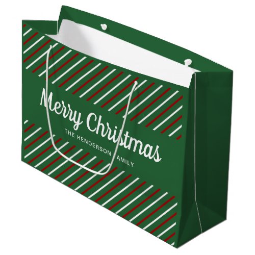 Merry Christmas Green Red Stripes Large Gift Bag