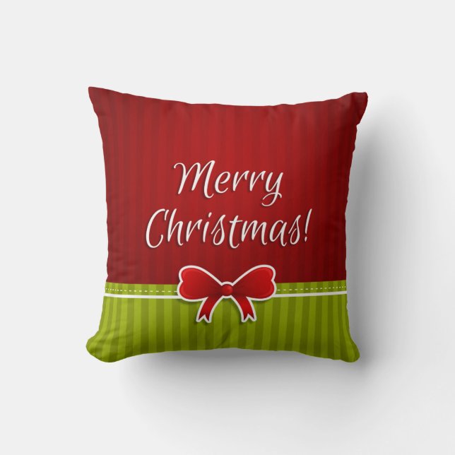 Merry Christmas Green Red Stripes Pattern and Bow Throw Pillow (Front)