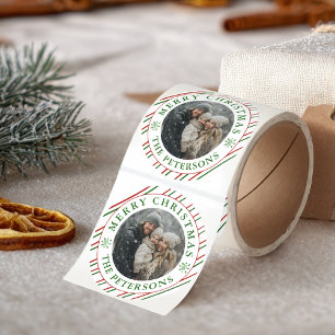 Merry Christmas Green Red Stripes Photo Classic Round Sticker