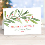 Merry Christmas Green Red Winter Greenery Holiday Card<br><div class="desc">This stylish "Merry Christmas" holiday card features a modern and minimal green watercolor winter branch with red berry accents. The elegant text can be completely personalized with your choice of greeting,  family name,  year,  and a custom message inside the card.</div>