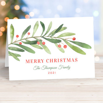 Merry Christmas Green Red Winter Greenery Holiday Card by Plush_Paper at Zazzle