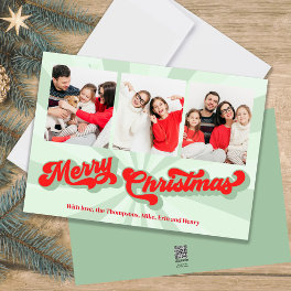 Merry Christmas Green Retro Typography Multi Photo Holiday Card