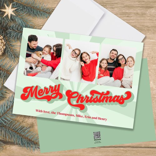 Merry Christmas Green Retro Typography Multi Photo Holiday Card