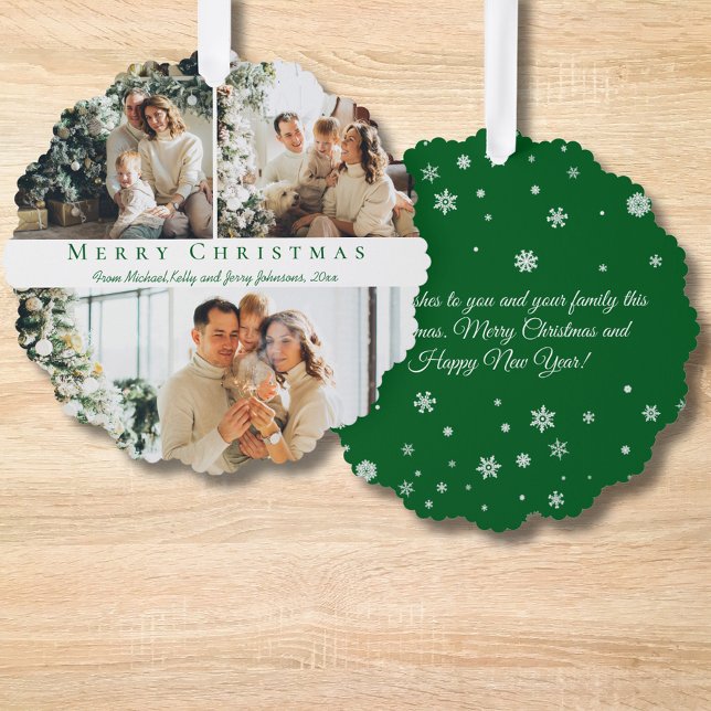 merry christmas green script 3 photos collage chic ornament card (Creator Uploaded)