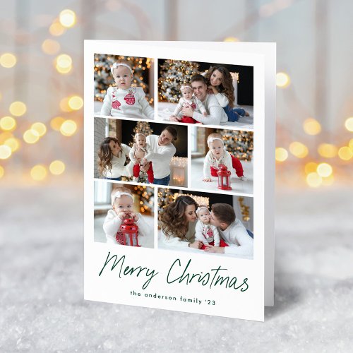 Merry Christmas Green Script 6 Photo Collage Holiday Card