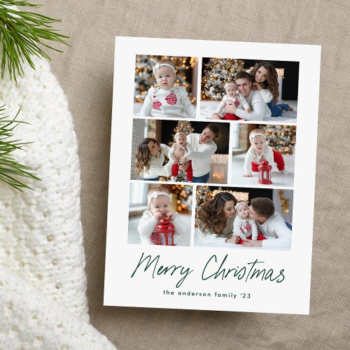 Merry Christmas Green Script 6 Photo Collage Holiday Postcard