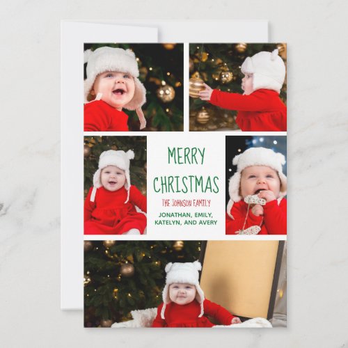 Merry Christmas Green Script Family Photo Collage Holiday Card