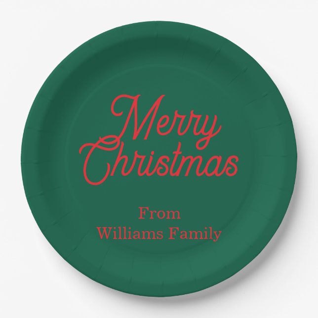 Merry Christmas Green Script Holiday Paper Plates (Front)