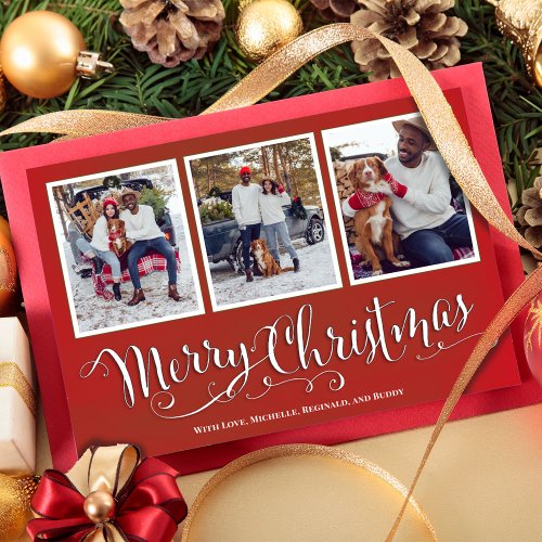 Merry Christmas Green Script Photo Collage Holiday Card