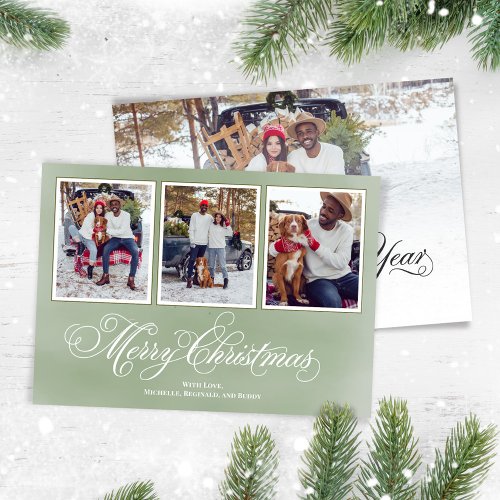 Merry Christmas Green Script Photo Collage Holiday Card