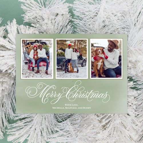 Merry Christmas Green Script Photo Collage Holiday Card