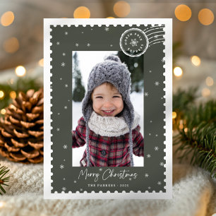 Merry Christmas Green Script Typography Stamp Holiday Card