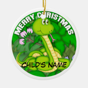 Merry Christmas Green Snake Ceramic Ornament
