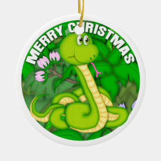 Merry Christmas Green Snake Ceramic Ornament