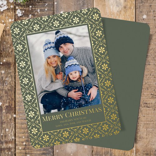 Merry Christmas Green Snowflake Gold 1 Photo  Foil Holiday Card